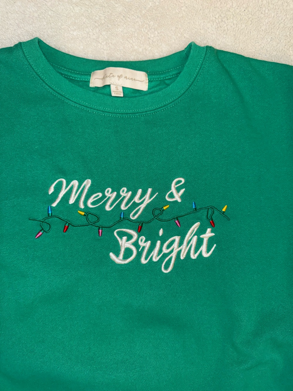 State of Mine Green Merry & Bright Christmas Lights Embroidered Sweatshirt S